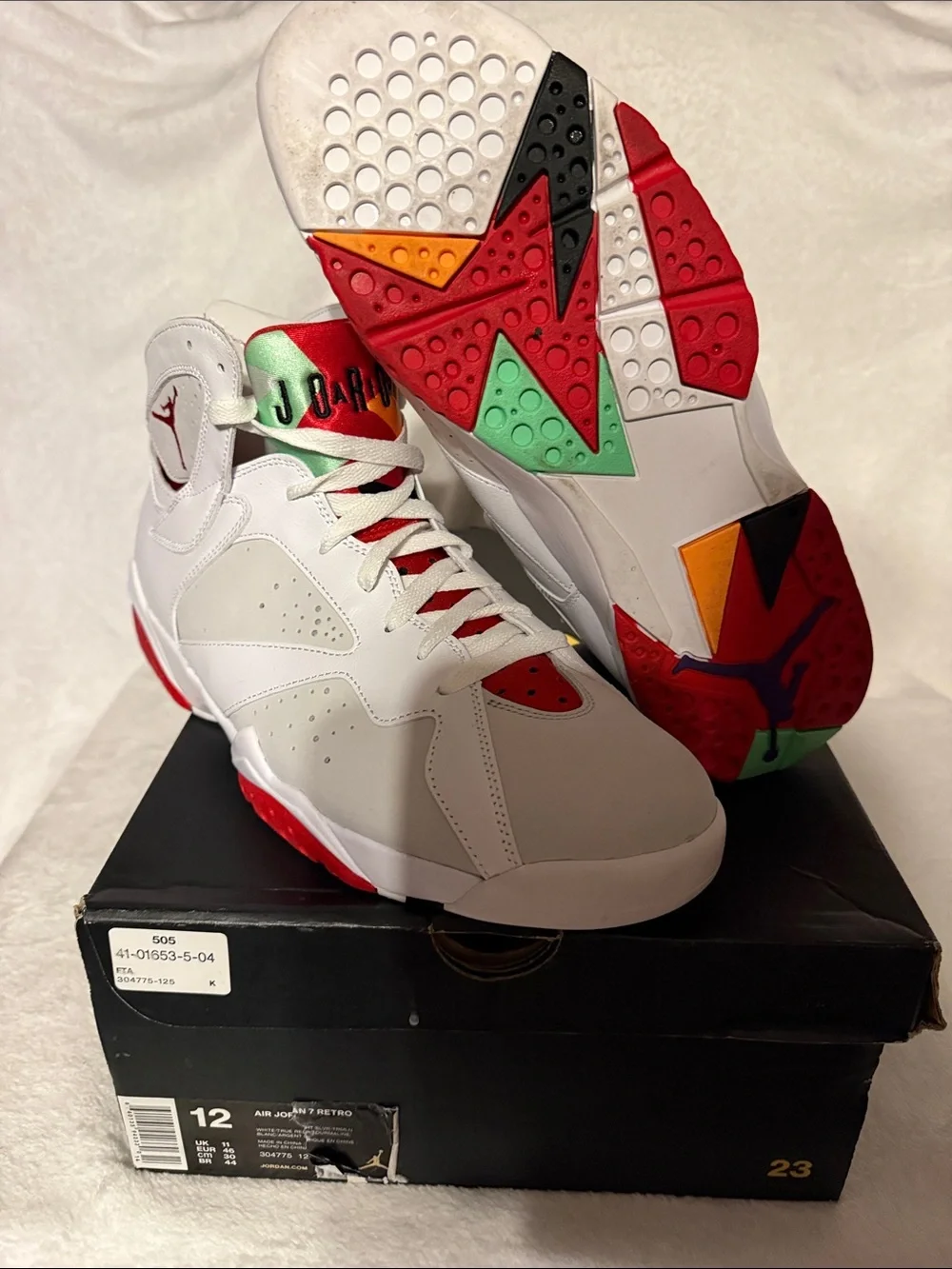 2015 Jordan 7 Retro White Sneakers with Red, Green & Orange Accents
